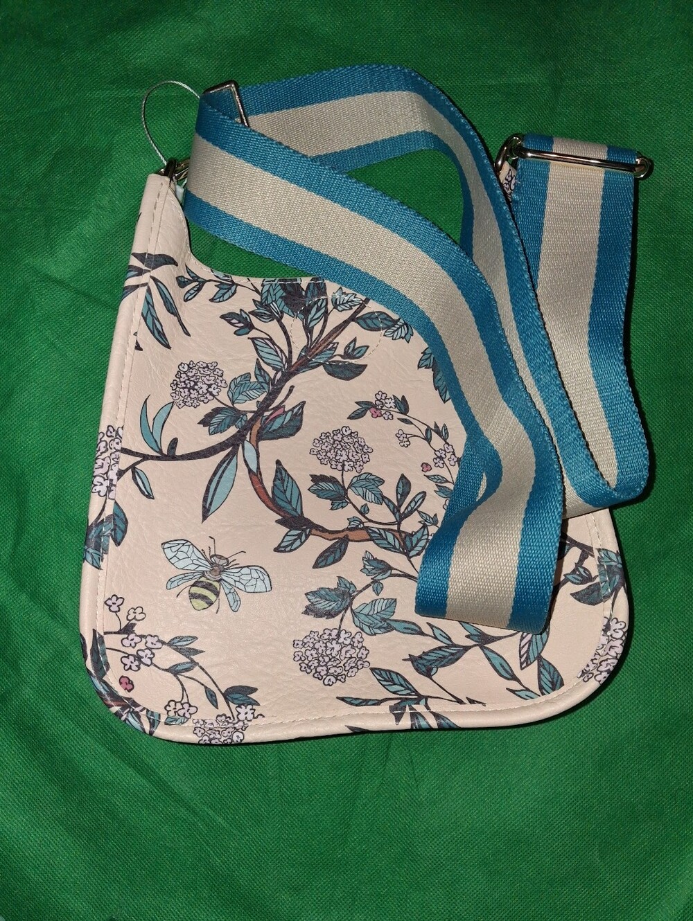 BEAUTIFUL "AH-DORNED" FLORAL AND BEE DESIGN CROSSBODY BAG. 45 INCH STRAP.